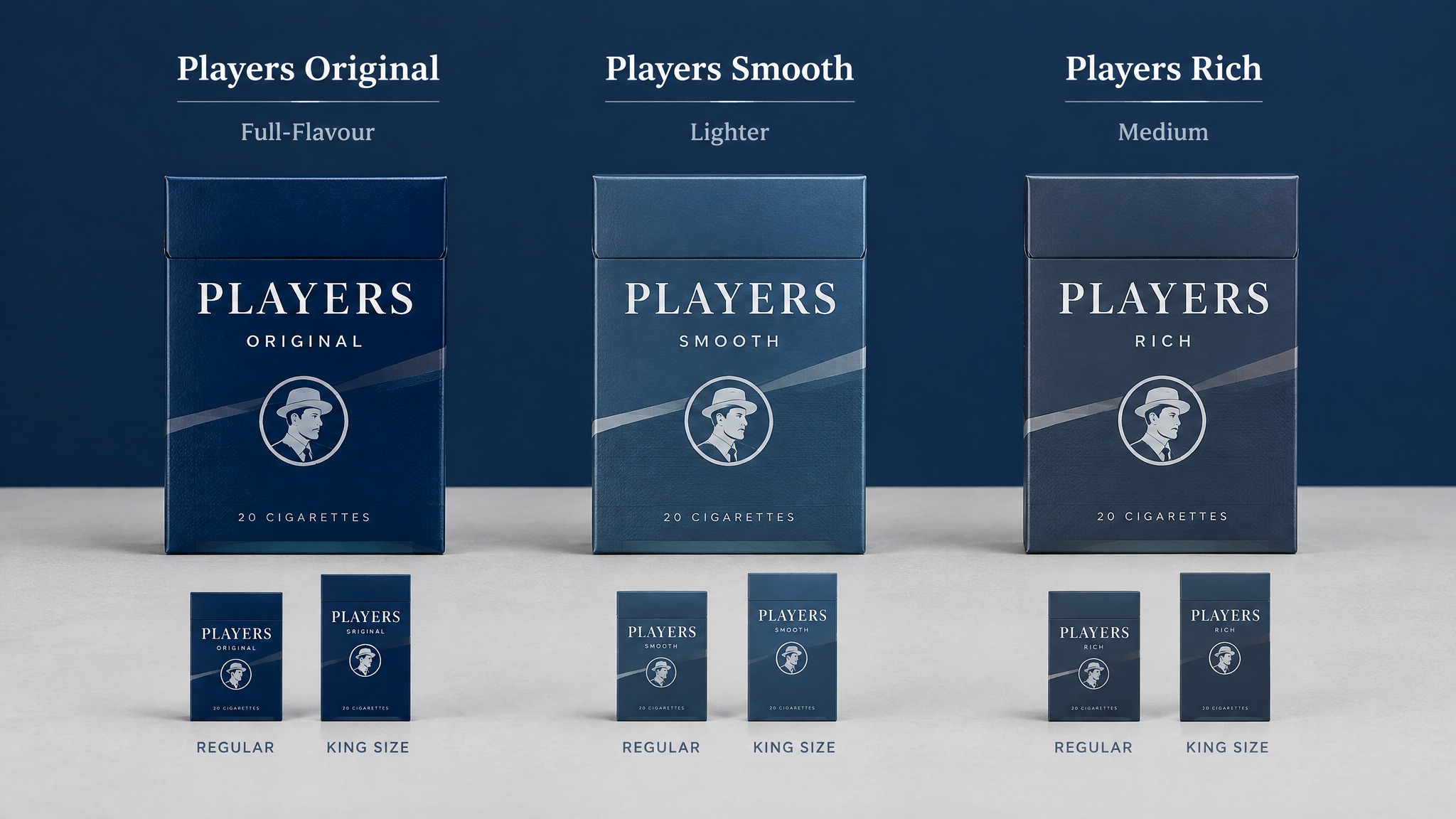 Three Players varieties arranged by strength: Original, Smooth, and Rich, each available in regular and king size.